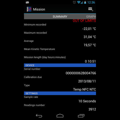 Приложение android для регистратора температуры - TempNFC Ent - Tecnosoft SRL - для управления / для контроля температуры / с сигналом тревоги
