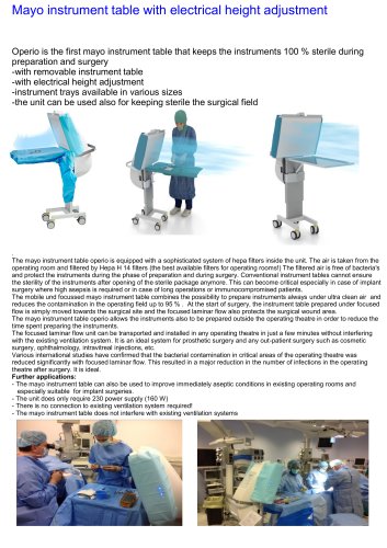 Mayo instrument table with electrical height adjustment and integrated Hepa filter system for protection of instruments