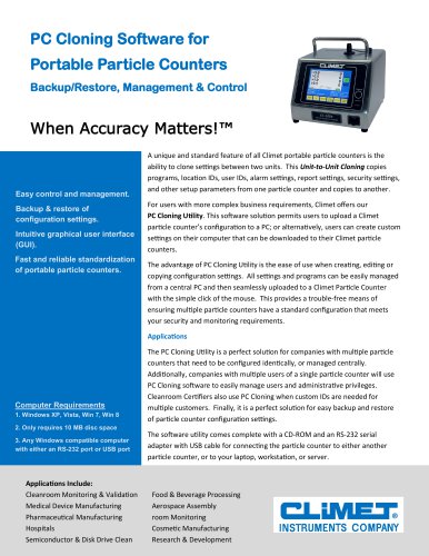 PC Cloning Software for Portable Particle Counters Backup/Restore, Management & Control