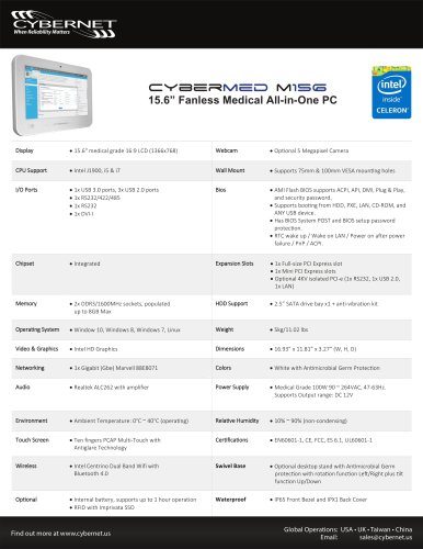 15.6" Fanless Medical Panel PC for Carts - CyberMed M156