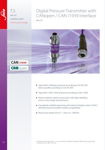T5 Digital Pressure Transmitter with CANopen / CAN J1939 Interface