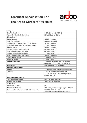 Technical Specification For The Ardoo Caresafe 140 Hoist