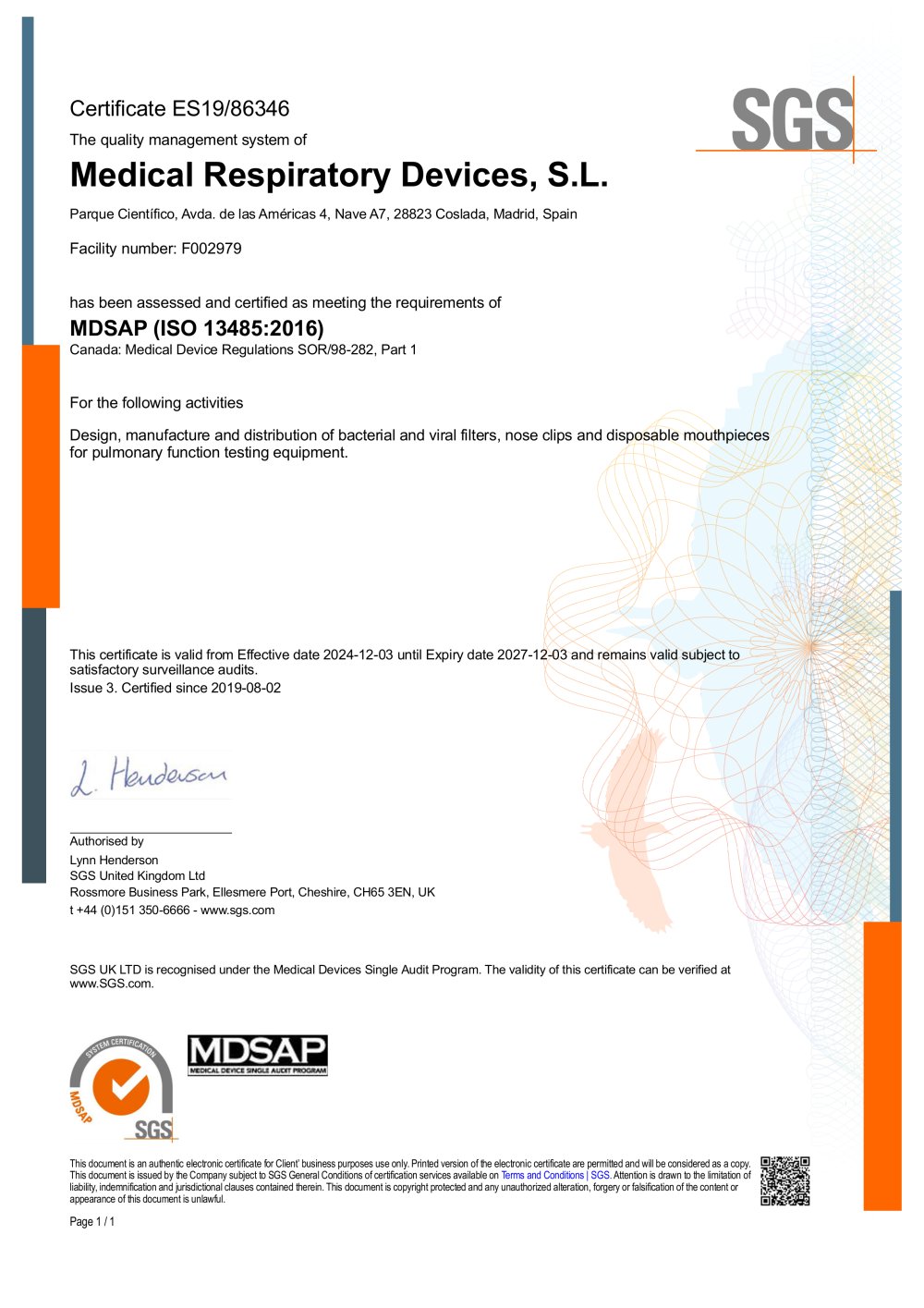 Certificate ES19/86346 - Medical Respiratory Devices