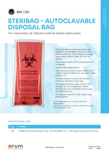 STERIBAG – AUTOCLAVABLE DISPOSAL BAG - BAG LINE