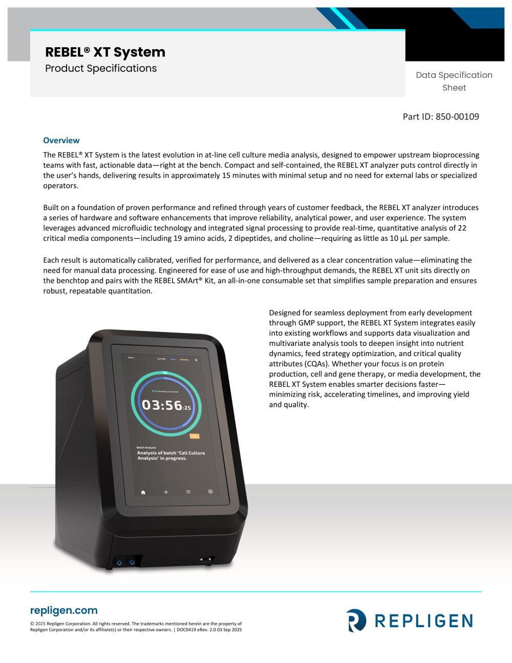 PATsmart&trade; REBEL&reg; XT At-Line Analyzer Specification Sheet - Repligen