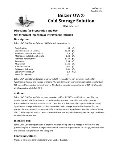 Instructions for Use : Belzer UW® Cold Storage Solution