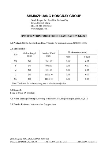 Specification for Blue Nitrile Exam Glove