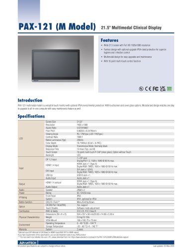 PAX-121 (M Model) 21.5" Multimodal Clinical Display - Datasheet