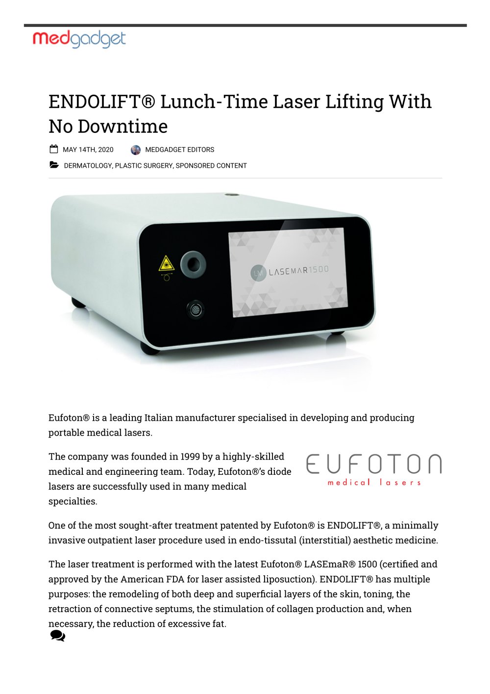 ENDOLIFT&reg; Lunch-Time Laser Lifting With No Downtime _ Medgadget - Eufoton&reg; Medical Lasers