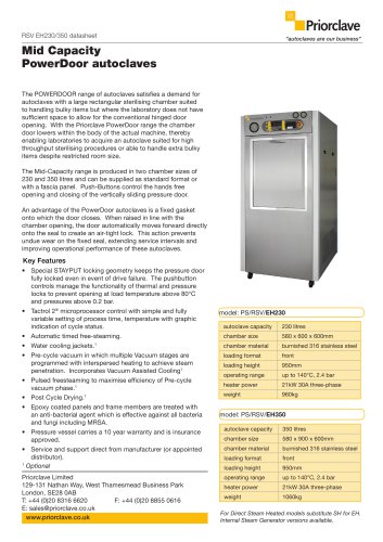 Rectangular Powerdoor 230 & 350L Priorclave Datasheet