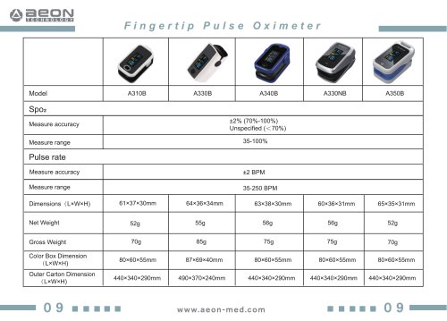 Specification of A310B fingertip pulse oximeter