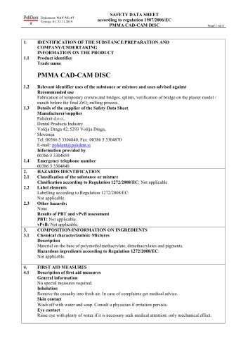 SAFETY DATA SHEET PMMA CAD-CAM DISC