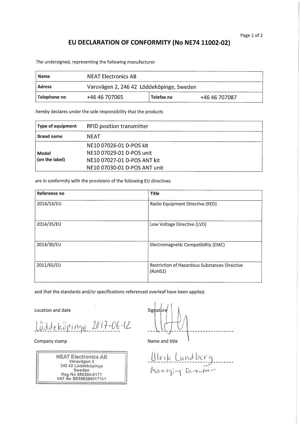 EU DECLARATION OF CONFORMITY (No NE74 11002-02) - Legrand Care