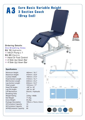 Euro Basic Variable Height 3 Section Couch (Drop End)